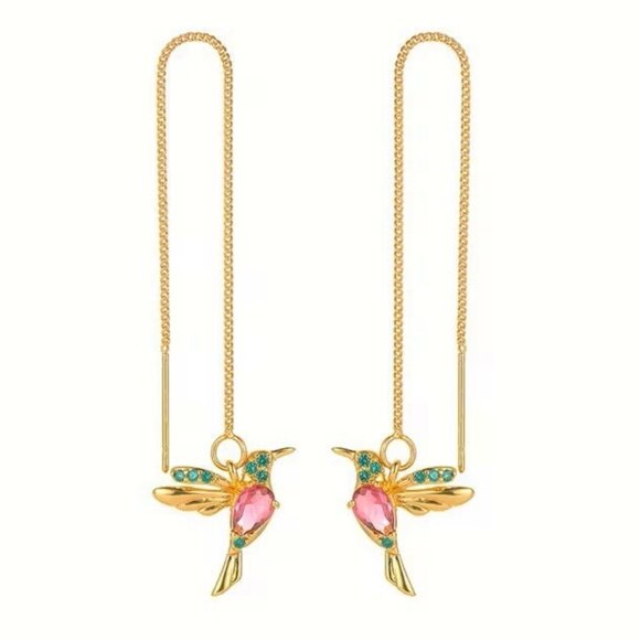 Hummingbird Earrings Bird Chain Dangle Colorful Glam Whimsical Sytlish Trendy - Picture 1 of 7